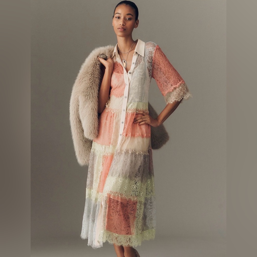 NWT Anthropologie Bl-nk Elegant Multicolor MIDI Lace Shirt Dress - Picture 2 of 5